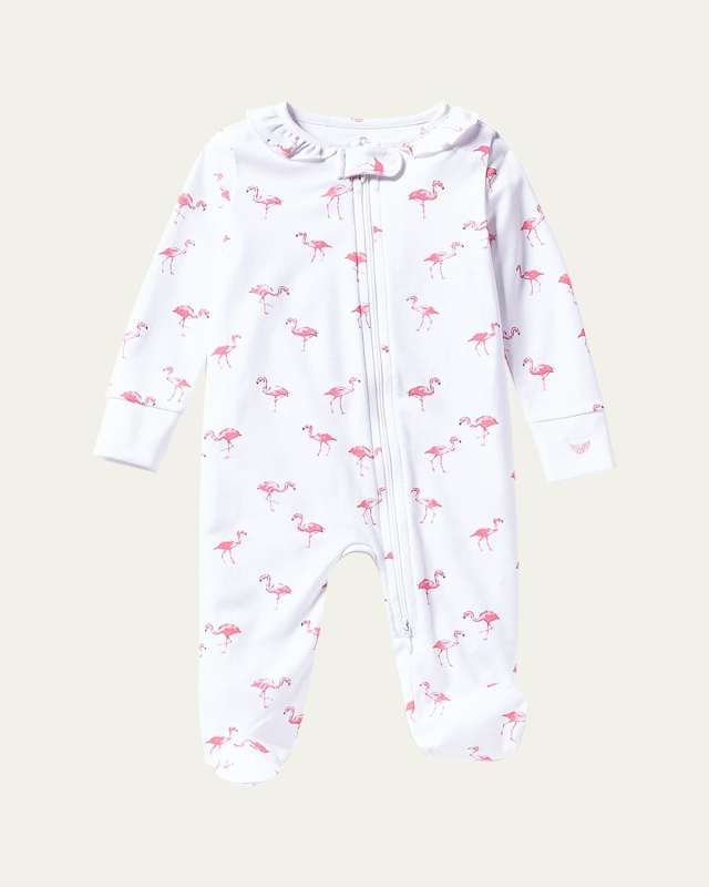 Girl's Flamingos Printed Footie, Size Newbor